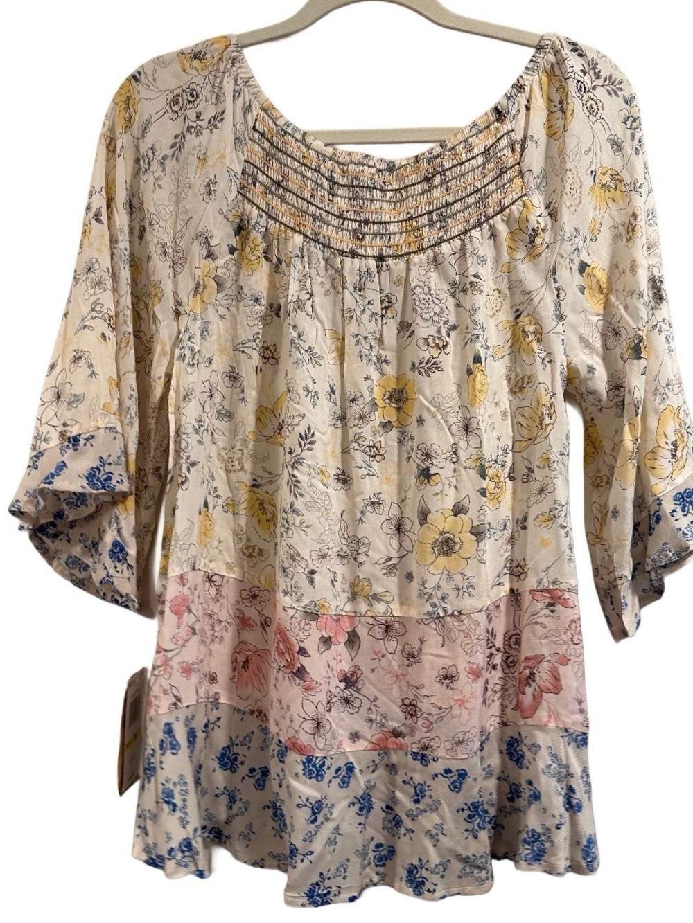 Democracy Floral Peasant Blouse - Smocked Boho Tunic Top Pastels NWT Size Medium - Picture 4 of 16